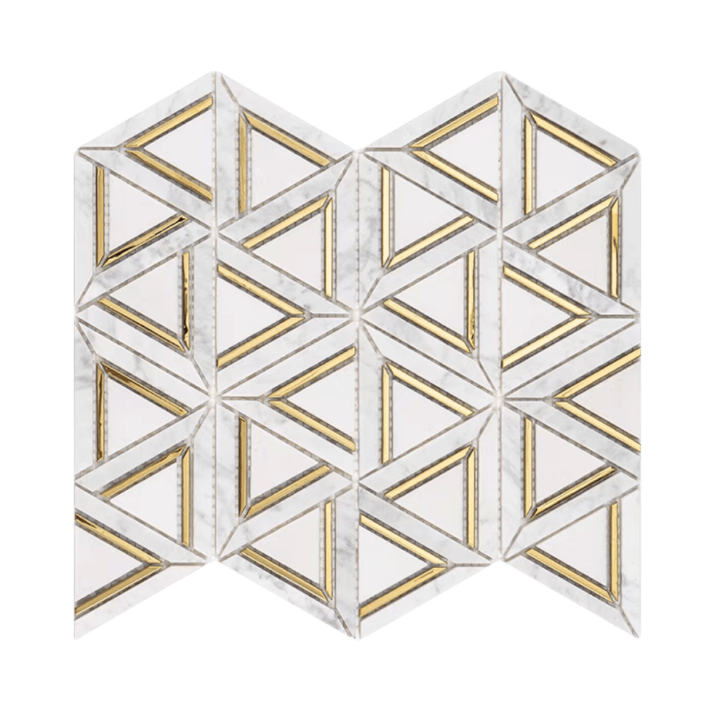 โมเสคหินอ่อน TIMELESS TILES รุ่น GRACE 35X31 ซม. สีขาวเทา ตกแต่งสเตนเลสสีทอง